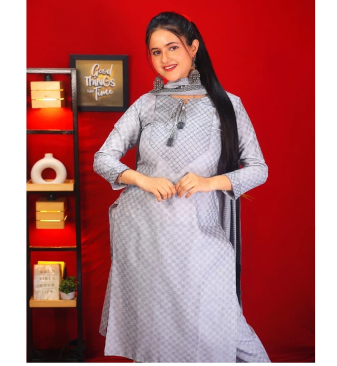 Awafu Readymade Women Wool Cotton Kurti Pant Dupatta Set , Kurta Salwar 1