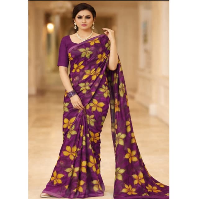 Women Solid Pattern Printed Chiffon Saree