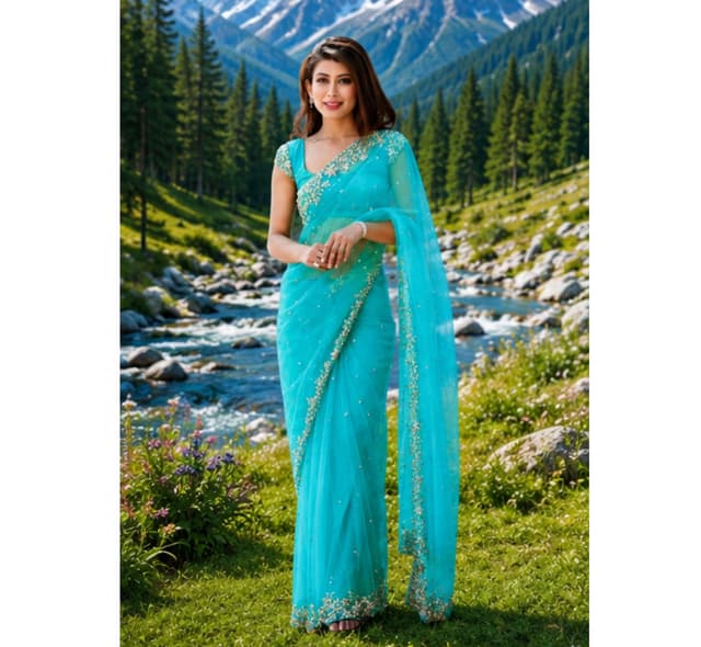 Embroidered Net Saree with Unstitched Blouse