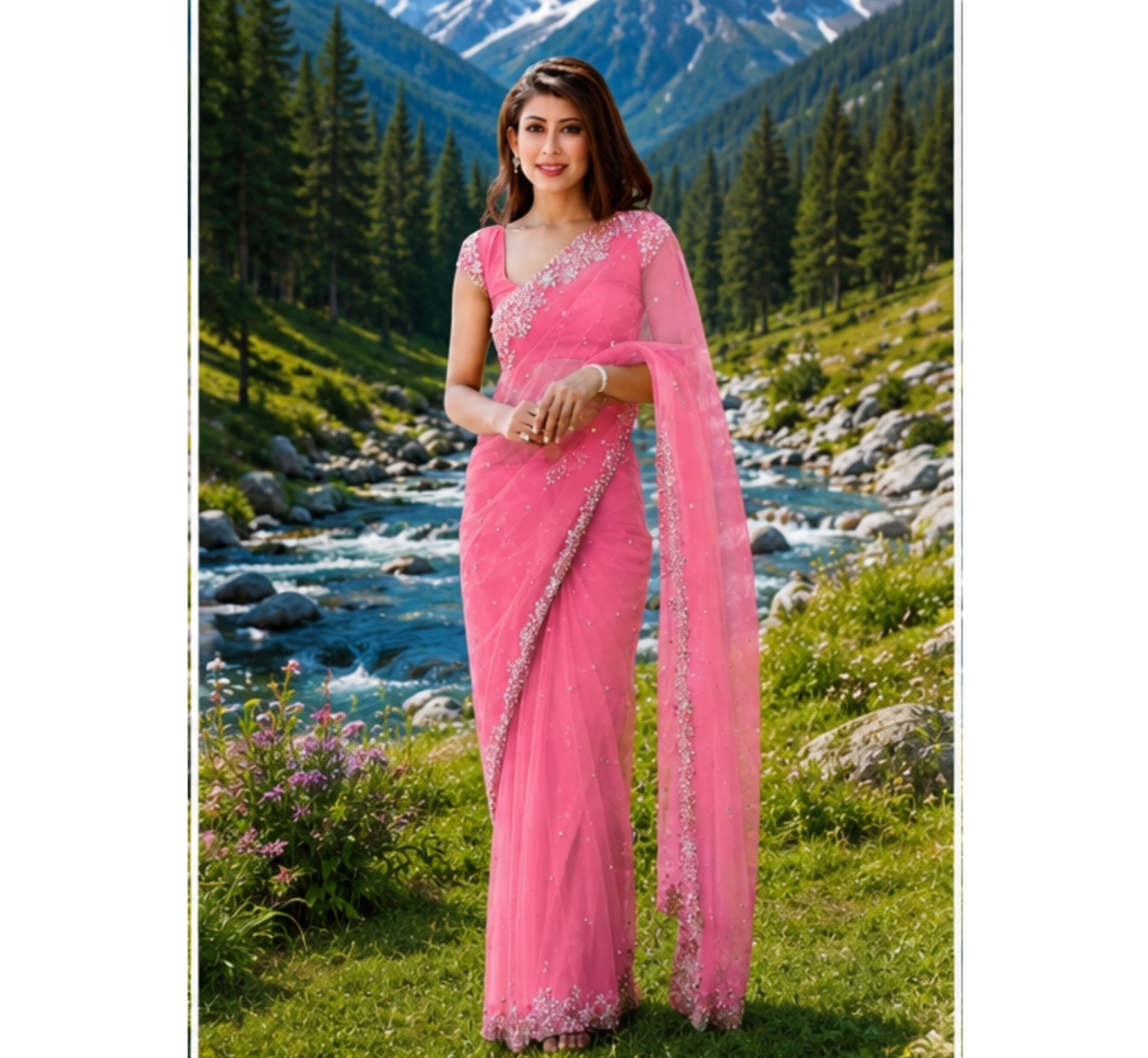 Embroidered Net Saree with Unstitched Blouse 1