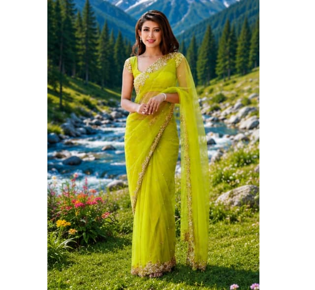 Awafu Embroidered Net Saree with Unstitched Blouse