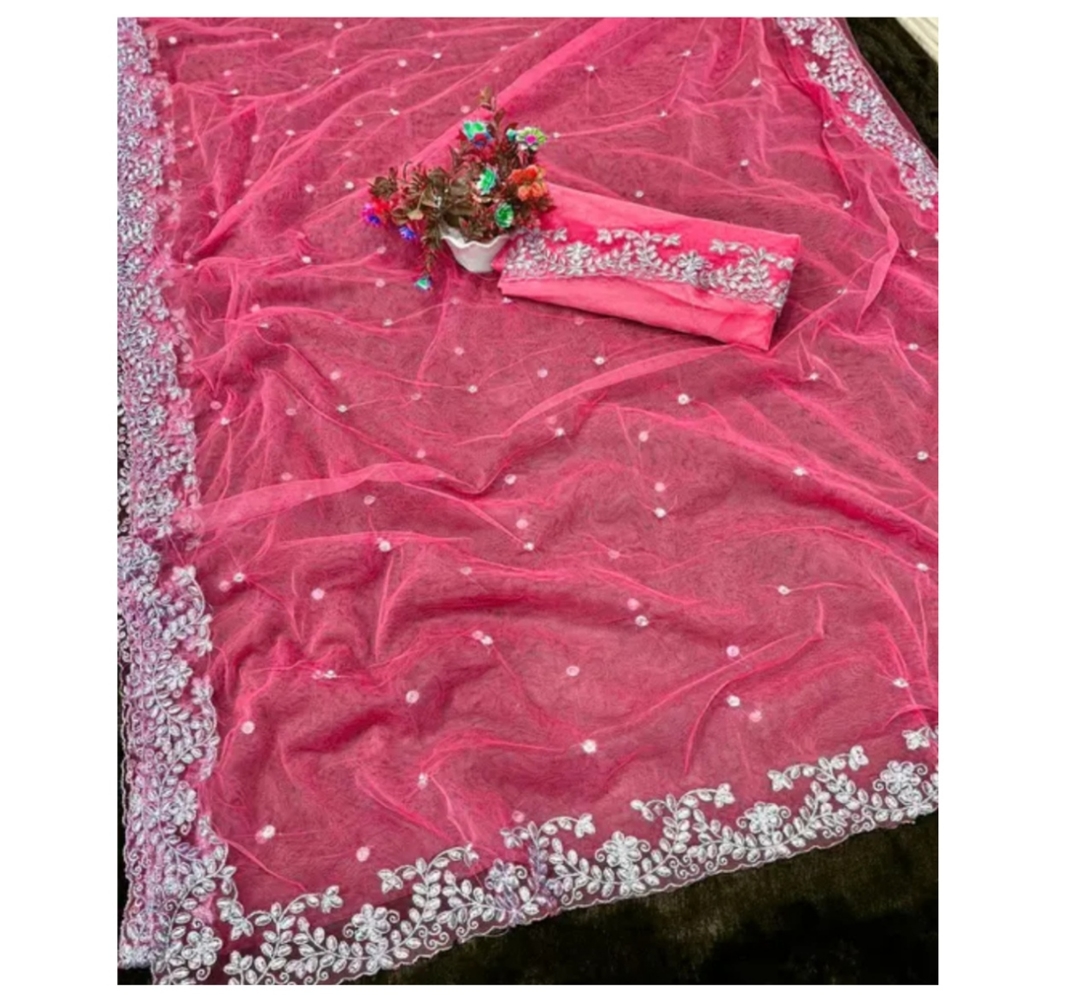 Embroidered Net Saree with Unstitched Blouse 2