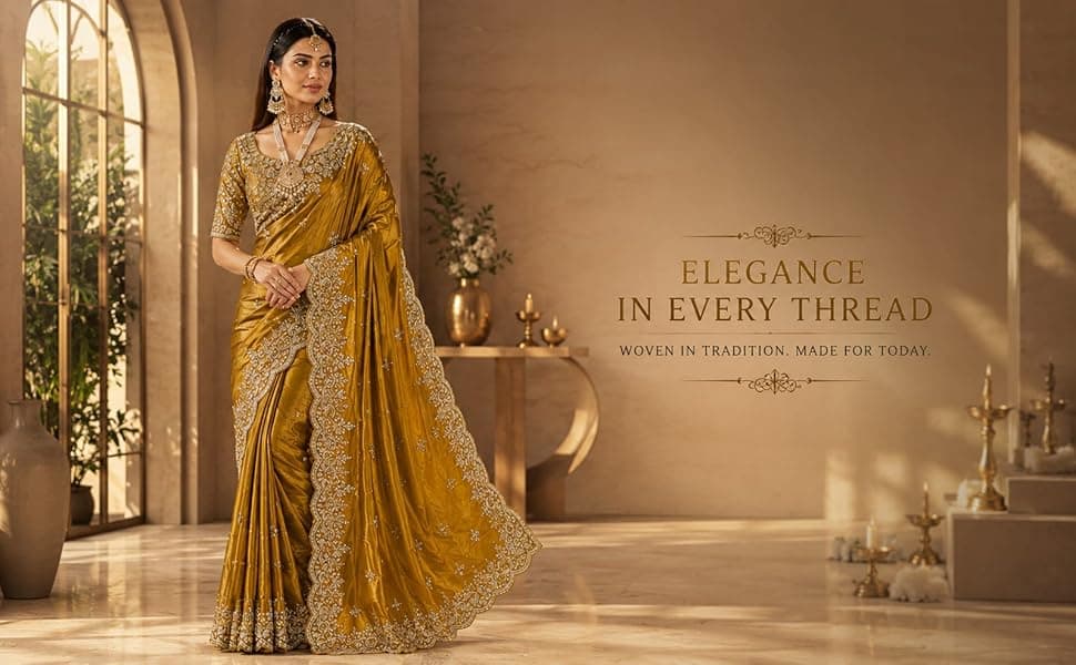 Women's Silk Saree with Embroidered Blouse Piece, Traditional Parte Wear with Gold Border and Hand Work 9