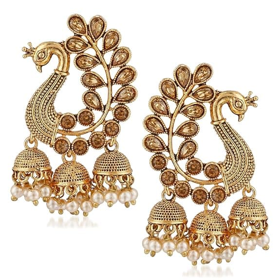 Pearl Moti Peacock Jhumki Triple Jhumka Earrings for Women Girl