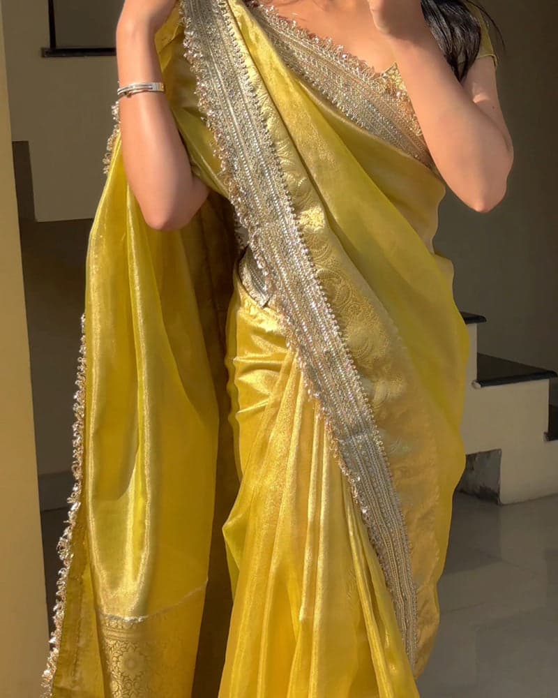 Yellow Coloor Banarasi Organza Tissue Silk Saree 1