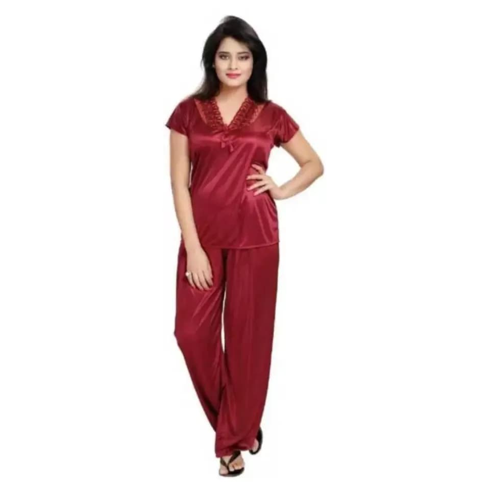 Silk Bridal Nightgown Set Stylish Fancy Bridal Nighty Set For Women Free Size ( mahroon) color 3