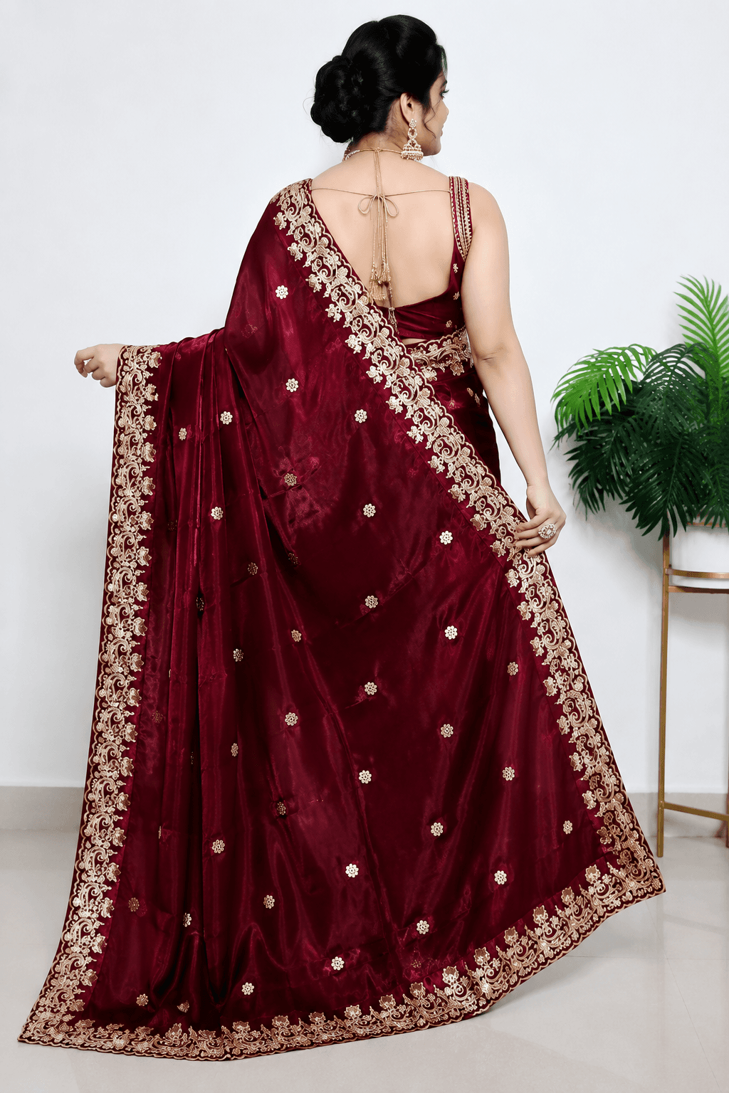 Premium Wine Color Embroidered Party Wear Saree 1