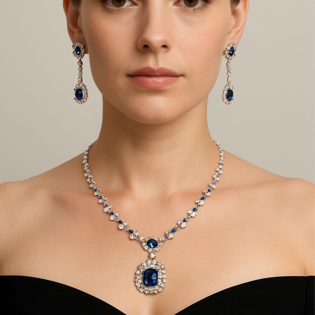 Women's Fashion Jewelry Set – Silver Plated Necklace, Earrings & Maang Tikka with Blue Stones – Bridal & Party Wear 2