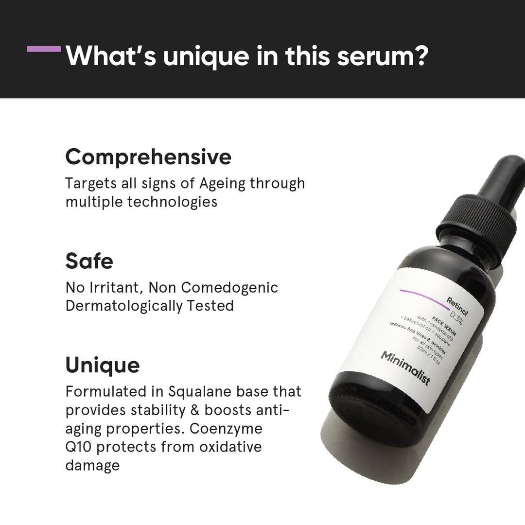 Minimalist 0.3% Retinol Serum with Bakuchiol Oil For Anti Aging | Night Face Serum With Squalane Base & Coenzyme Q10 To Reduce Fine Lines & Wrinkles | For Women & Men | 1 Fl Oz / 30 ml 3