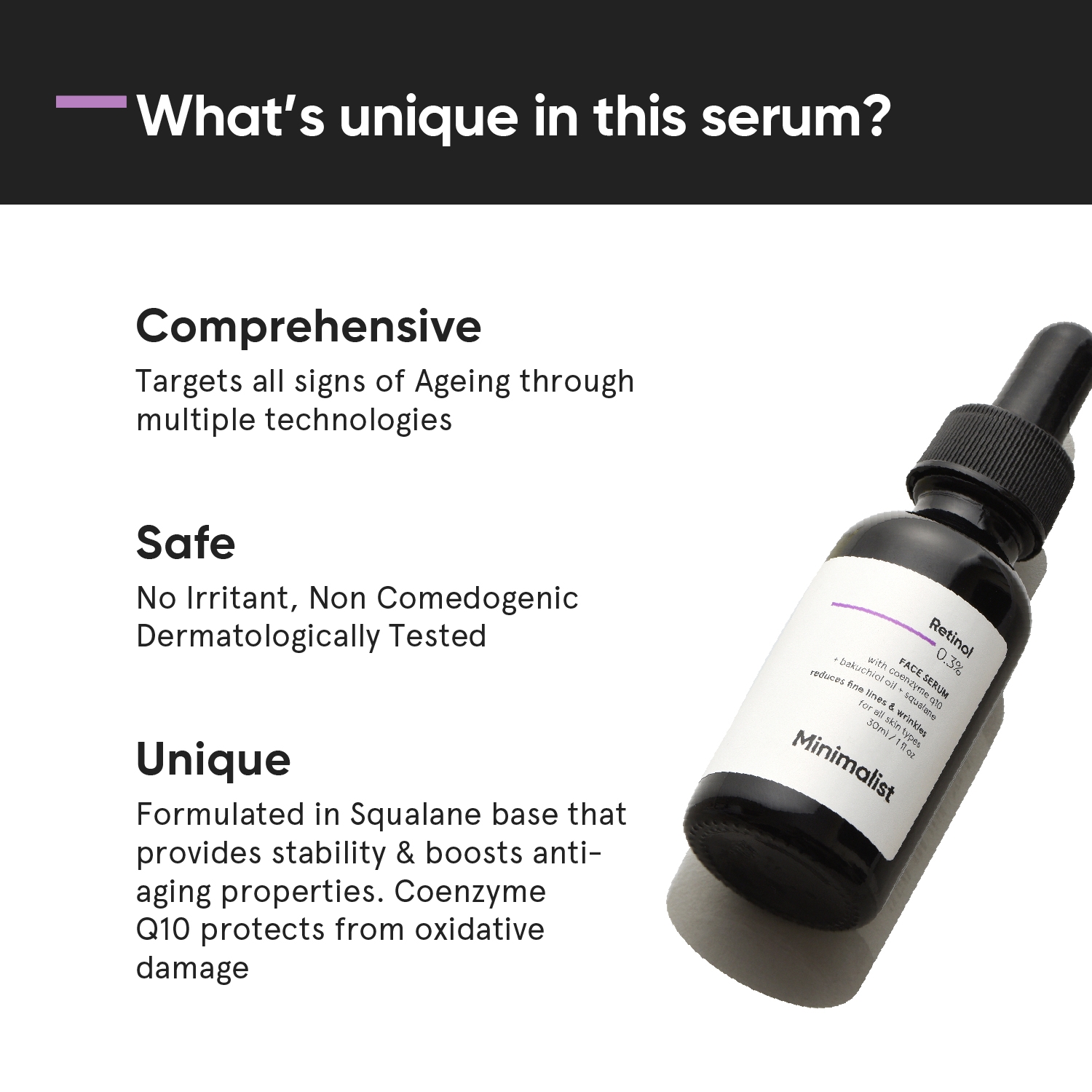 Minimalist 0.3% Retinol Serum with Bakuchiol Oil For Anti Aging | Night Face Serum With Squalane Base & Coenzyme Q10 To Reduce Fine Lines & Wrinkles | For Women & Men | 1 Fl Oz / 30 ml 3