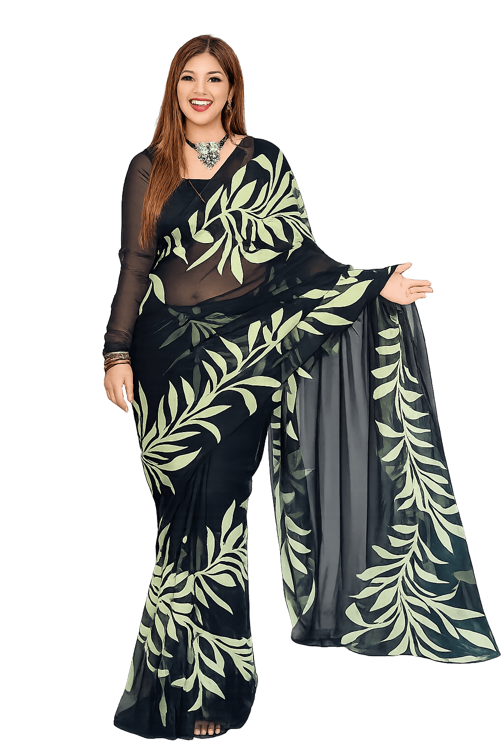 Viral Green saree Elegant Black Leaf Print Saree