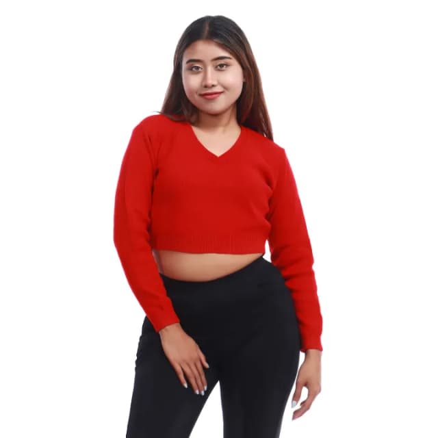 Red V Shaped Woolen Blouse for Women, Full Sleeves, Versatile