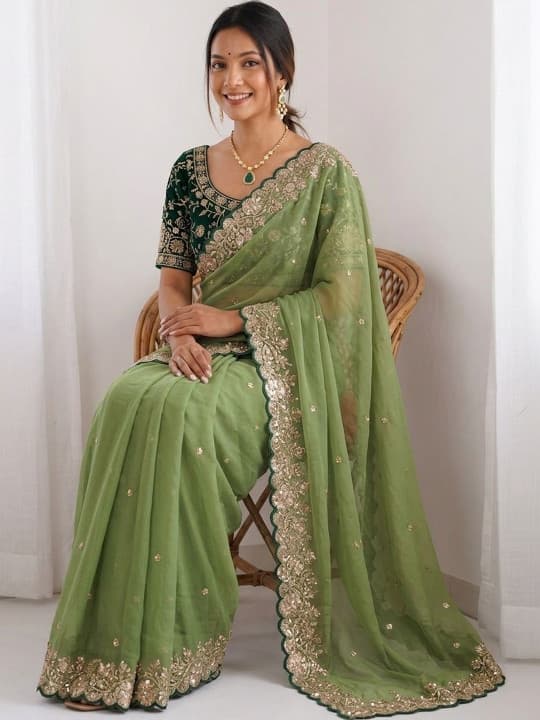 Embellished Embroidered Pure Georgette Heavy Work Saree 1