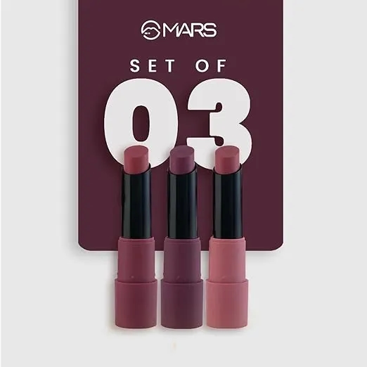 MARS Matte Box Set of 3 Lipsticks for Women | Long-Lasting | Smooth Finish | Moisturising | One Swipe Pigmentation | 3x3.2 gm 03-Plum 2