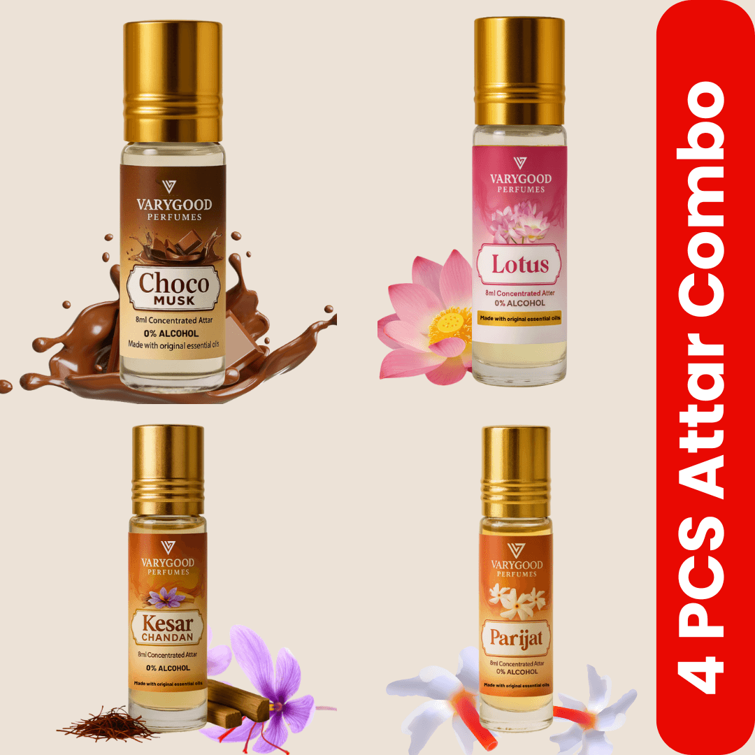 VaryGood Premium Attar Roll-On Combo (4x8ml) – Parijat, Lotus, Kesar Chandan & Choco Musk | Alcohol-Free Signature Fragrances for Men & Women 1