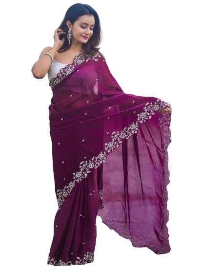 Womens Saree Bollywood Style Organza Silk With Designr Embroidery Sequance Work 1