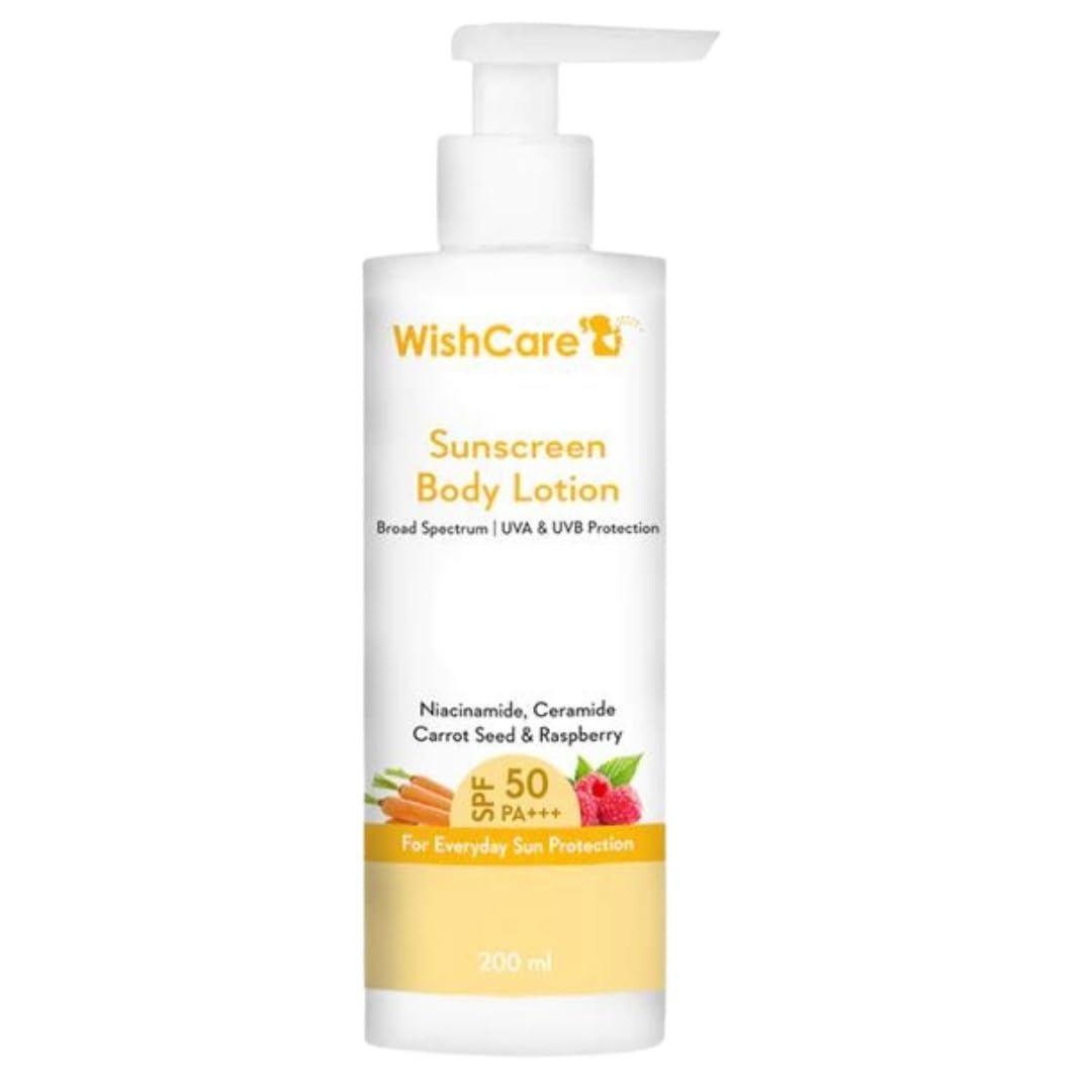 WishCare SPF50 Sunscreen Body Lotion - Broad Spectrum - UVA & UVB Protection with No White Cast - With Carrot Seed & Raspberry - For Men & Women - 200 Ml 1