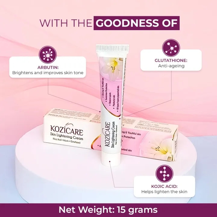 Kozicare Skin Lightening Non-Sticky Cream Lotion | Enriched with 3% Kojic Acid, 1% Alpha Arbutin, 1% Glutathione, 2% Niacinamide, 2% Vitamin C | Best for Melasma, Pigmentation, Dark/Age Spots, Uneven Skin Shade - 15gm 5