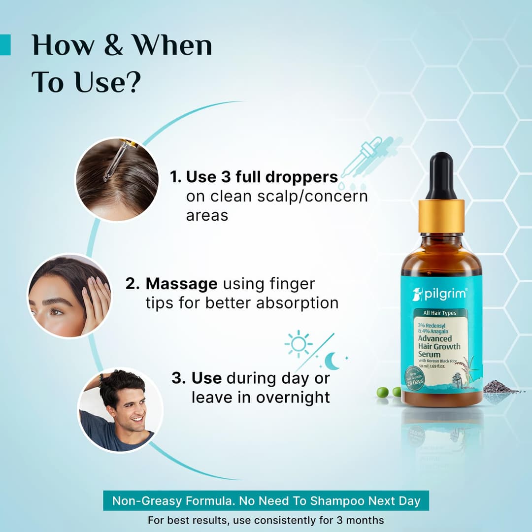 PILGRIM Redensyl 3%+Anagain 4% Advanced Hair Growth Serum For Scalp | 50 ml | With Natural Ingredients Korean Black Rice Controls Hair Fall Stimulates Increases Hair Density | Hairgrowth Serum For Unisex 6