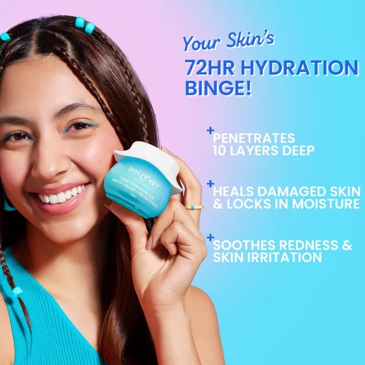 DOT & KEY 72Hr Hydrating Gel + Probiotics Moisturizer For Face With Hyaluronic Acid, Kombucha & Rice Water | Lightweight Gel Moisturizer | For Dull, Tired & Uneven Skin Tone I For All Skin Types | 25Ml 2