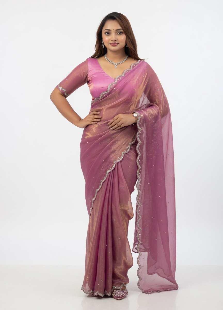 Pwear Pink-Purple Ombre Georgette Saree | Full Drape View with Blouse 1