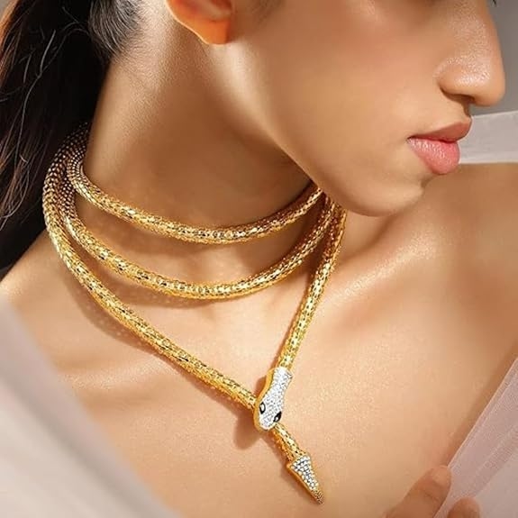 Silver Gleam Atelier Snake Necklace with Rhinestone Crystal Accents, Gold Chain, Black Enamel Eyes, Snake Choker Necklace 3