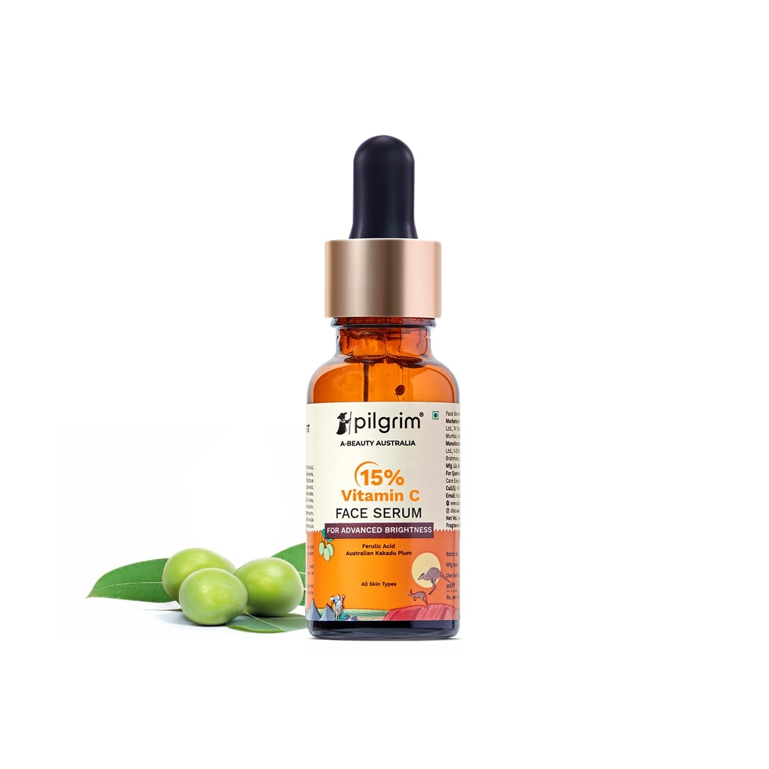 Pilgrim 15% Vitamin C Serum 20ml For Glowing Skin | Advanced Formulation With Ferulic Acid & Vitamin E |Reduces Dark Spots, Pigmentation |For All, Oily, Combination, Normal Skin |Men, Women 1