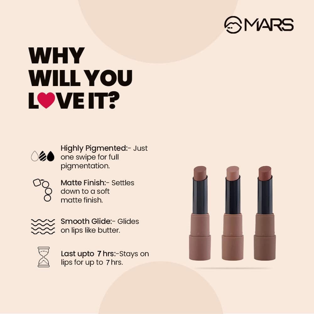 MARS Matte Box Set of 3 Lipsticks for Women | Long-Lasting | Smooth Finish | Moisturising | One Swipe Pigmentation | 3x3.2 gm 04-Brown 4