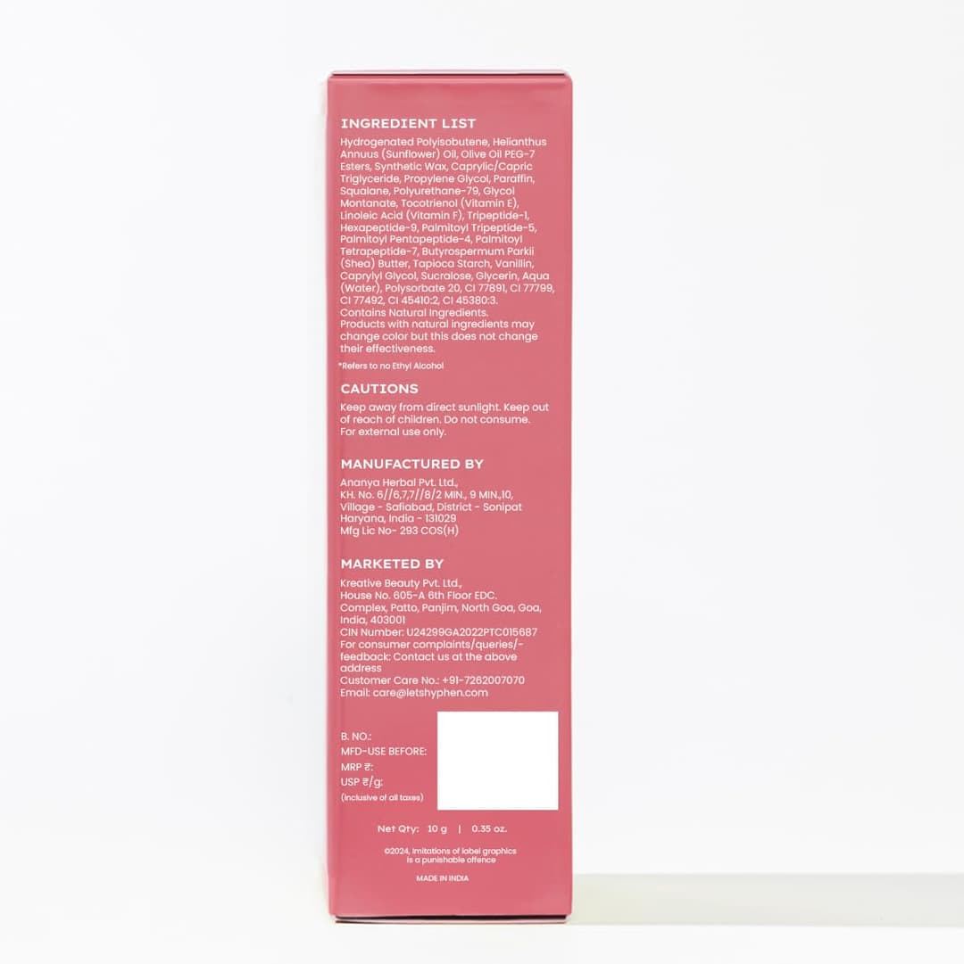 Hyphen Vitamin Infused Tinted Lip Balm | Brightens & Reduces Dark Lips & Pigmentation | 1% Vitamin E, Peptide & 2% Squalane | Winter Lip Care| 24H Moisturization for Dry & Chapped Lips | 10g 2