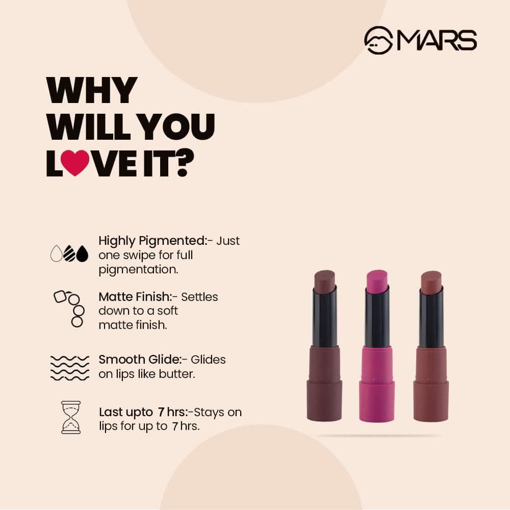 MARS Matte Box Set of 3 Lipsticks for Women | Long-Lasting | Smooth Finish | Moisturizing | One Swipe Pigmentation 3x3.2 gm 06-All Rounder 3