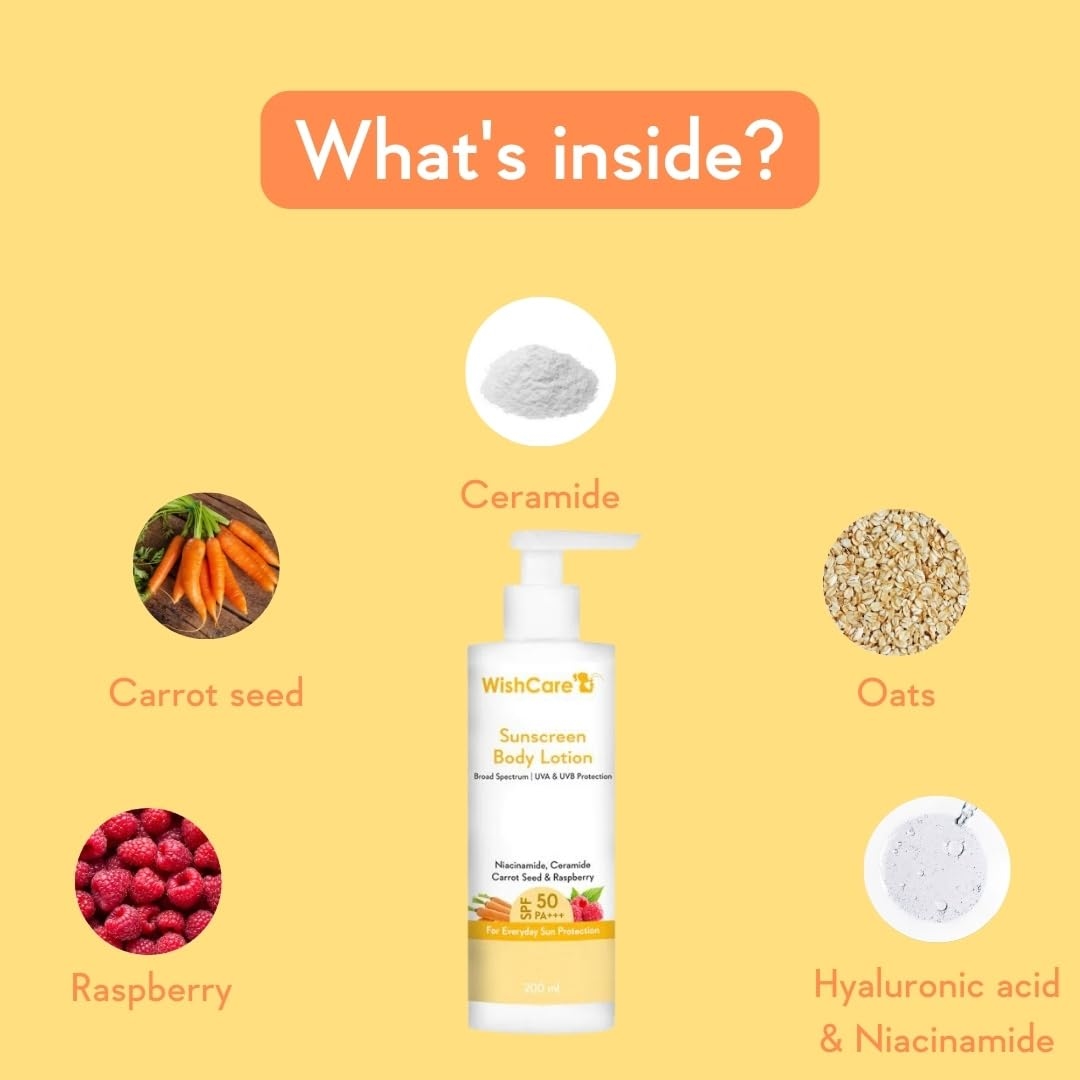 WishCare SPF50 Sunscreen Body Lotion - Broad Spectrum - UVA & UVB Protection with No White Cast - With Carrot Seed & Raspberry - For Men & Women - 200 Ml 5