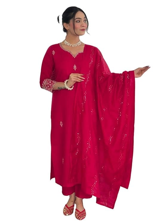 Women's Gajri Chanderi Embroidered Straight Kurta with Chanderi Silk Pant and Chanderi Silk Laced Dupatta Sets