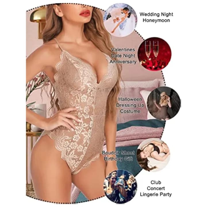 Women Deep V Lingerie Lace Teddy One Piece Babydoll Mini Bodysuit Free Size Cream Color 4
