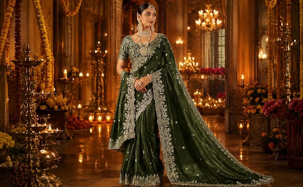 omen's Silk Saree with Embroidered Blouse Piece, Traditional Parte Wear 9