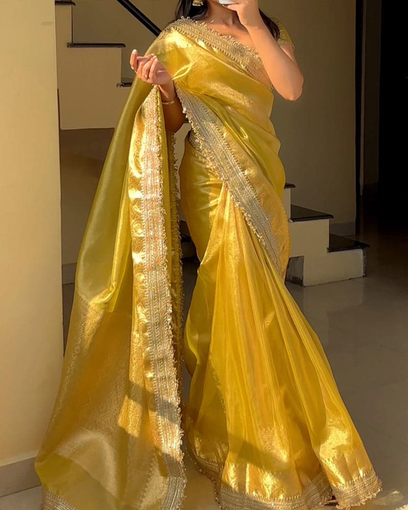 Yellow Coloor Banarasi Organza Tissue Silk Saree 2