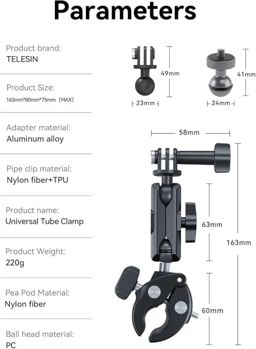 TELESIN Camera Clamp Mount Bike Motorcycle Handlebar Mounts Accessories, Tube Clamp ,Bike Holder,Bike Mount360 Ball Joint Tube Roll Bar Holder Clip for DJI Osmo Action 6/Osmo Nano/Action 5 4 Pro/Hero 13 12 11 10 9 8 7/Insta 360 X5 X4 3
