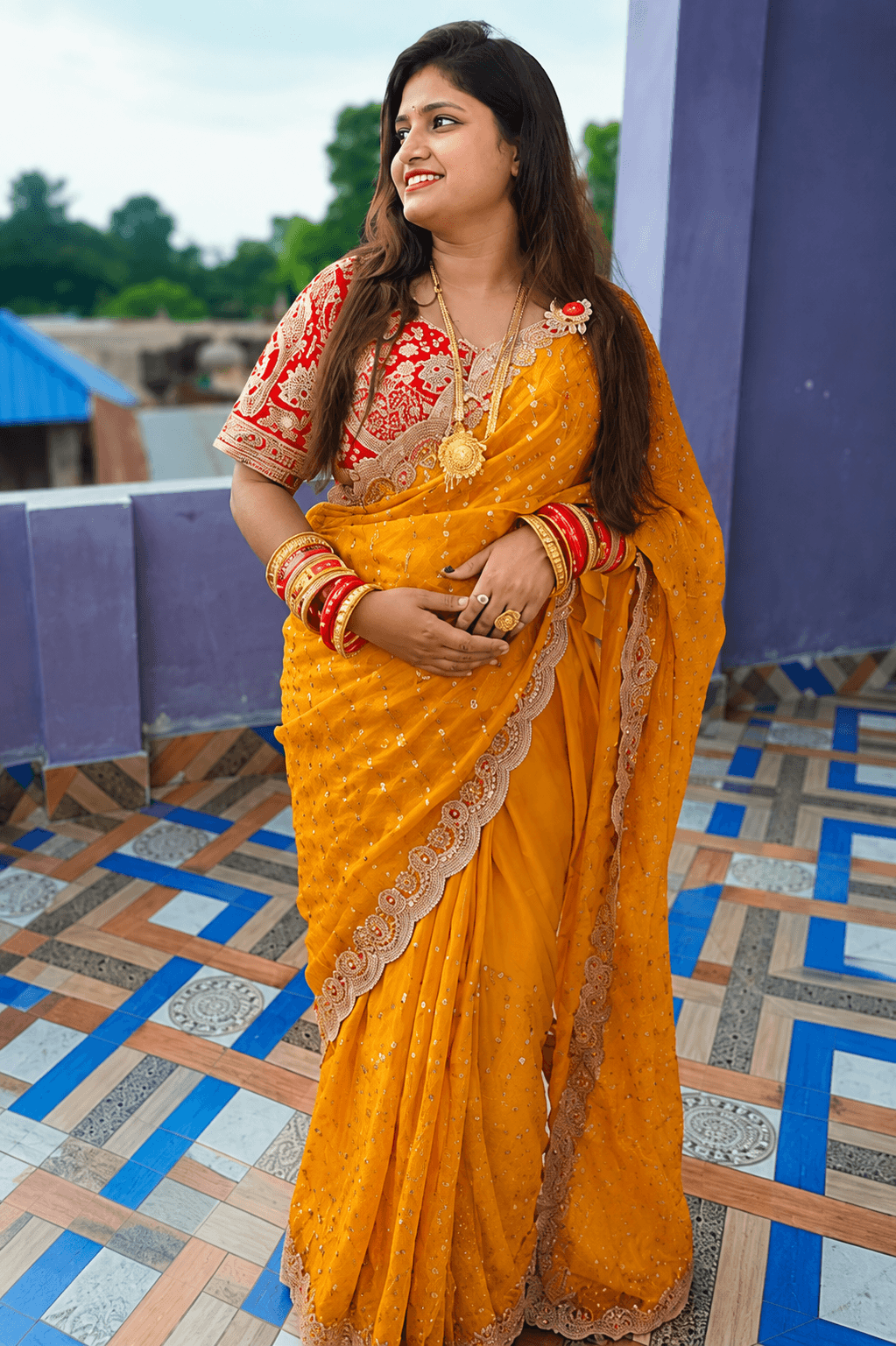 Shivshakti Collection Designer Yellow Embroidered Saree with Red Blouse