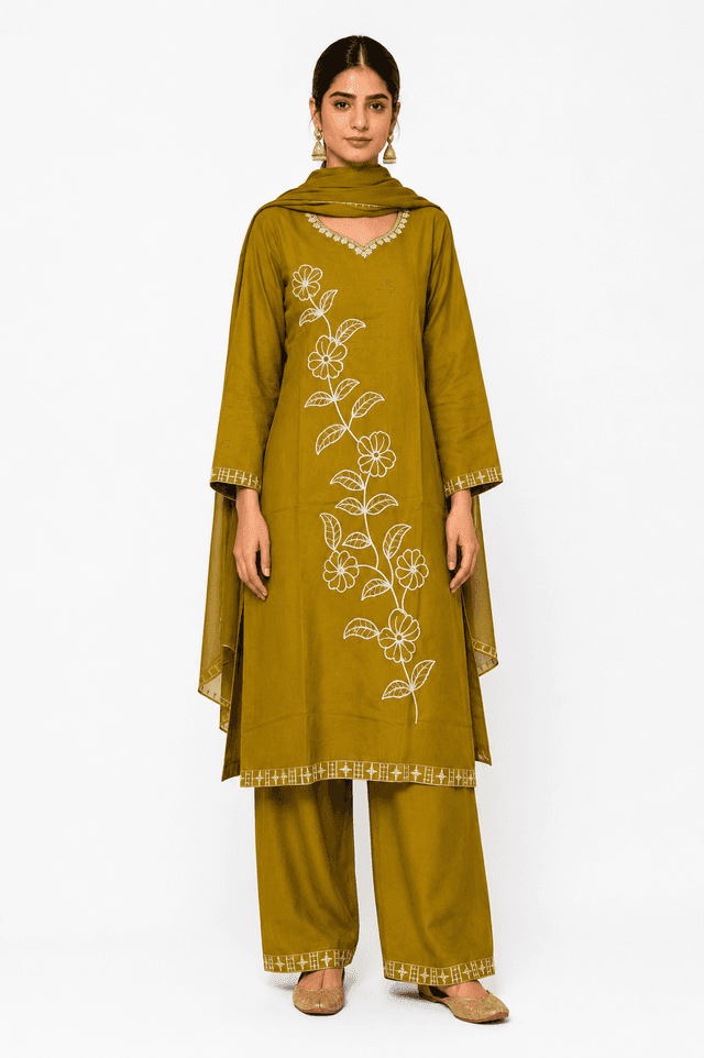 Women’s Mustard Embroidered Kurta Set with Palazzo & Dupatta