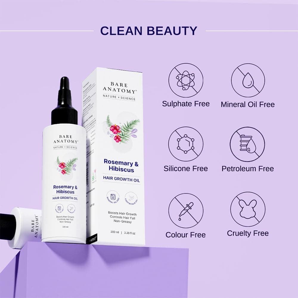 Bare Anatomy Nature x Science Rosemary and Hibiscus Hair Growth Oil for Women & Men | Helps Hair Growth & Strengthens Hair | Nourishes Scalp & Controls Hair Fall | Suitable for All Hair Types | 100 ml 1