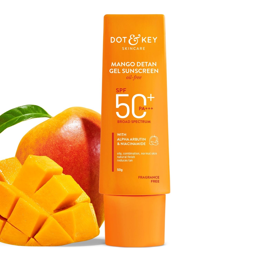 Dot & Key Mango Detan Gel Sunscreen SPF 50+ PA+++ 50g | Oil-Free, With Alpha-Arbutin & Niacinamide | Controls Tanning, Brightens Skin, Ultra-light | Fades Dark Spots, Evens Tone, Water Resistant | All Skin Types 1
