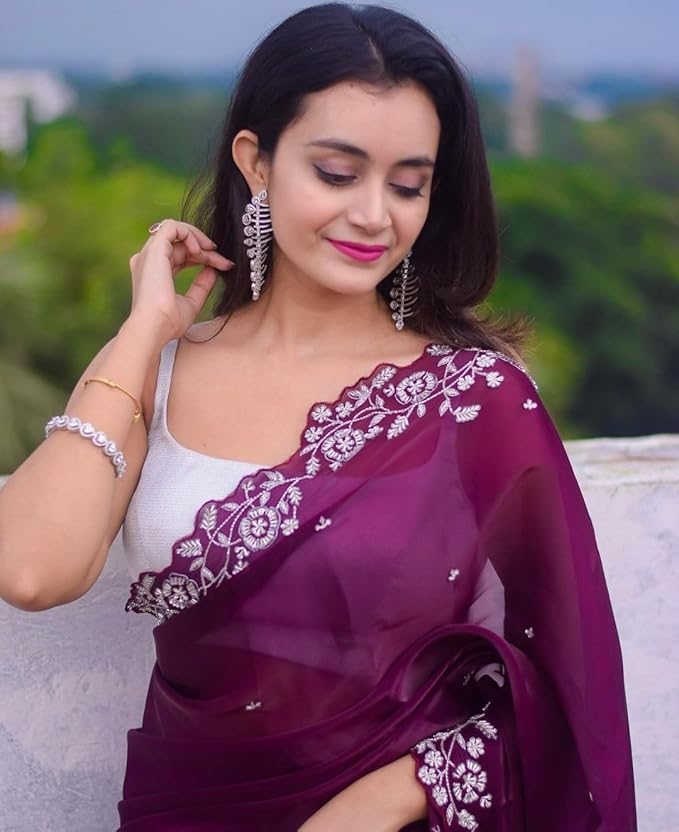 Womens Saree Bollywood Style Organza Silk With Designr Embroidery Sequance Work 5