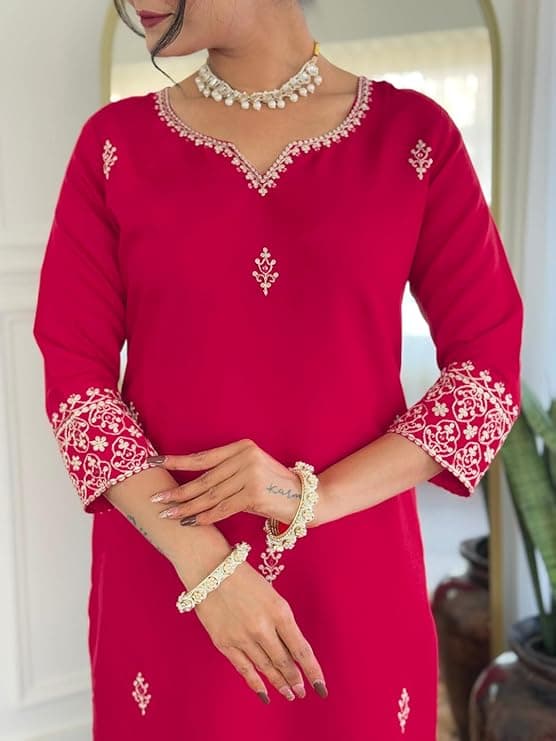 Women's Gajri Chanderi Embroidered Straight Kurta with Chanderi Silk Pant and Chanderi Silk Laced Dupatta Sets 3