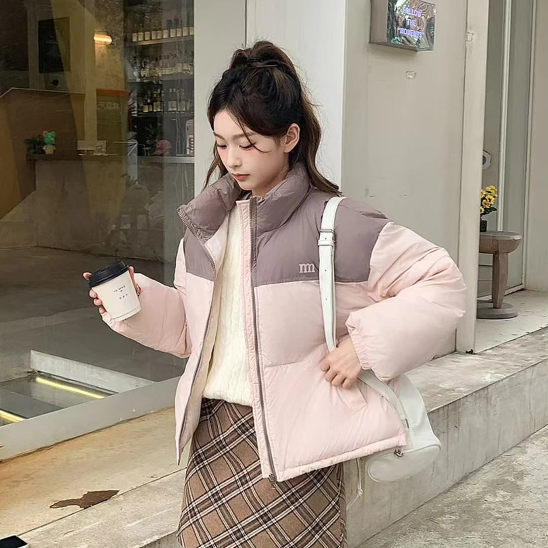 jacket ladies Stand Collar Two Tone Zip Puffer Jacket