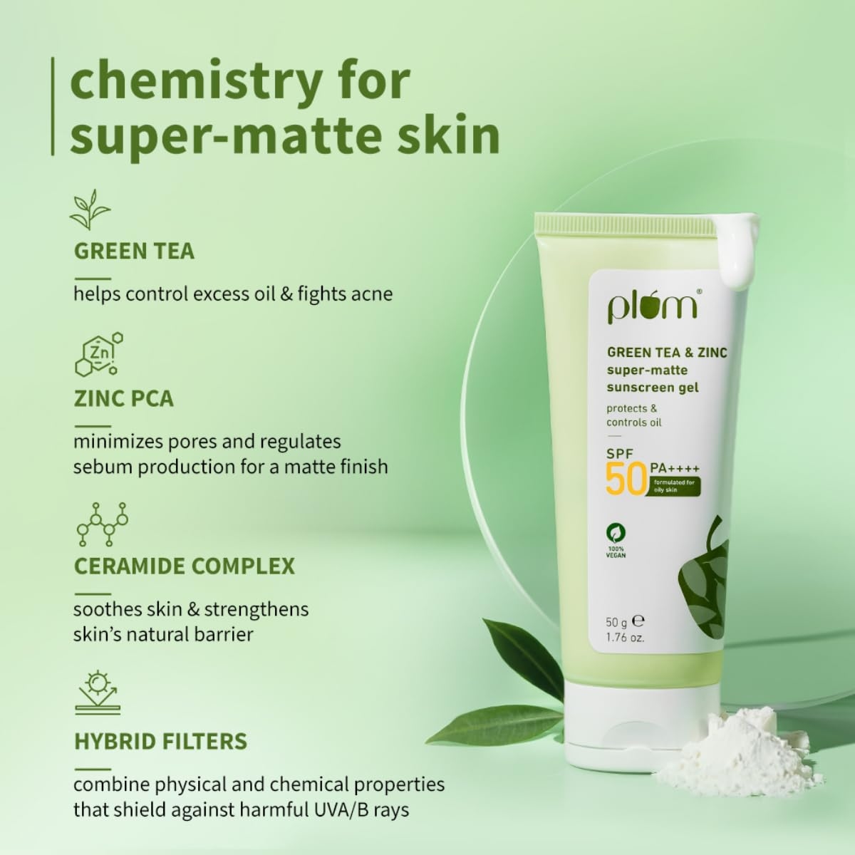 Plum Green Tea & Zinc Super Matte Sunscreen Gel SPF 50 PA++++ (50g) 3
