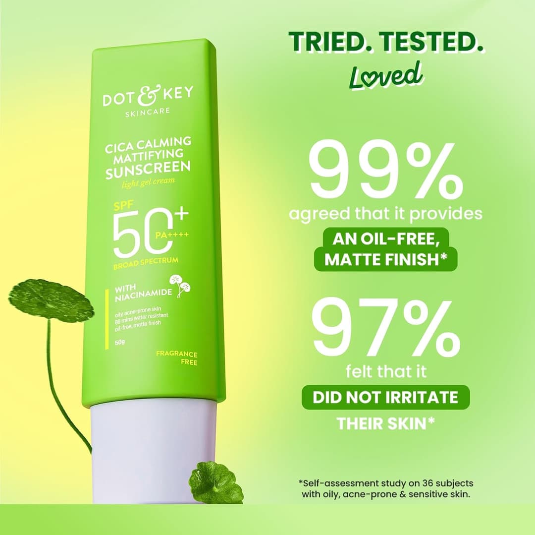 Dot & Key CICA Calming Mattifying Sunscreen SPF 50 PA++++ | For Oily Acne Prone & Sensitive Skin | UVA/UVB Protection | No White Cast, Ultra Light, Fragrance Free & Quick Absorbing | 50g 1