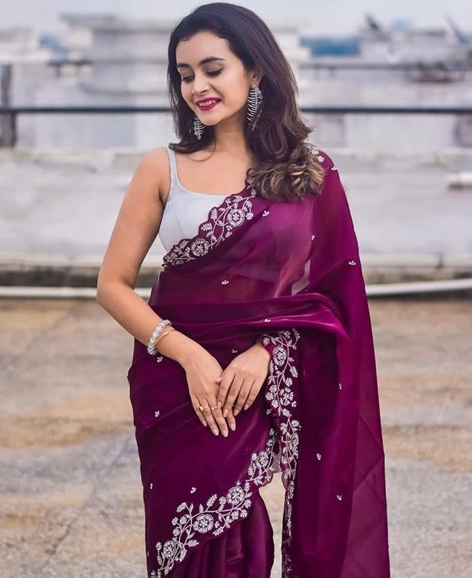 Womens Saree Bollywood Style Organza Silk With Designr Embroidery Sequance Work 4