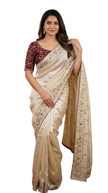 Shivshakti Collection Designer Fandy Satin Saree for Women with Sequence Work | Cutwork Border Saree with Contrast Embroidered Full Stitch Blouse