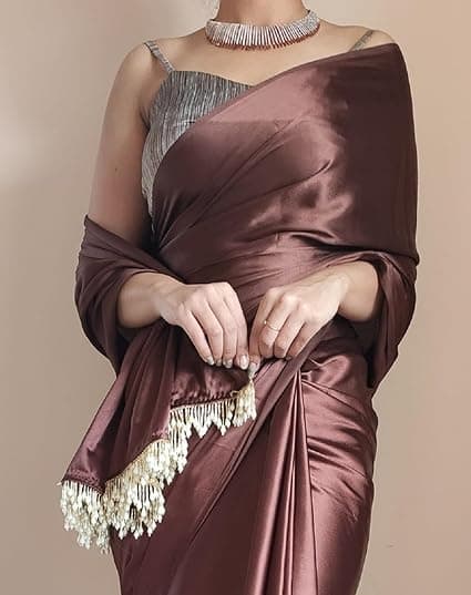 Awafu Women's Ready to Wear Coffee Satin Silk 1 Minute Pre Pleated Indian Saree With Unstiched Blouse 3