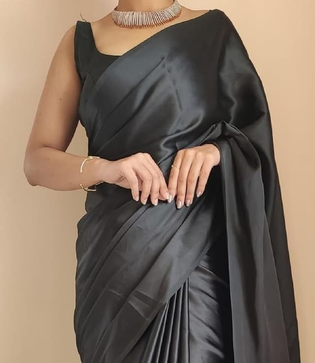 Awafu Solid Plain Satin Silk Blend Saree With Blouse
