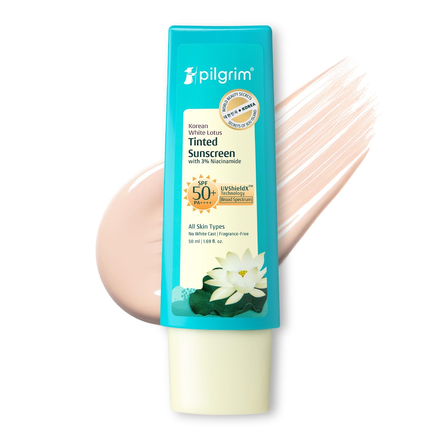 Pilgrim Korean White Lotus Tinted Sunscreen SPF 50+ PA++++ with 3% Niacinamide | No White Cast |Prevents Tanning | Lightweight | For All Skin Types | For Women and Men | 50ml 1